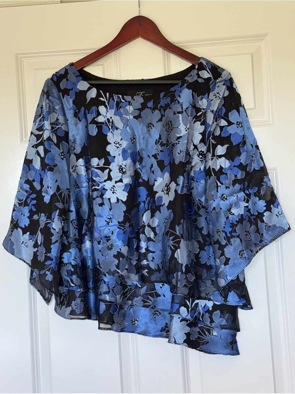 Alex Evenings Black and Blue Floral Sheer Tunic